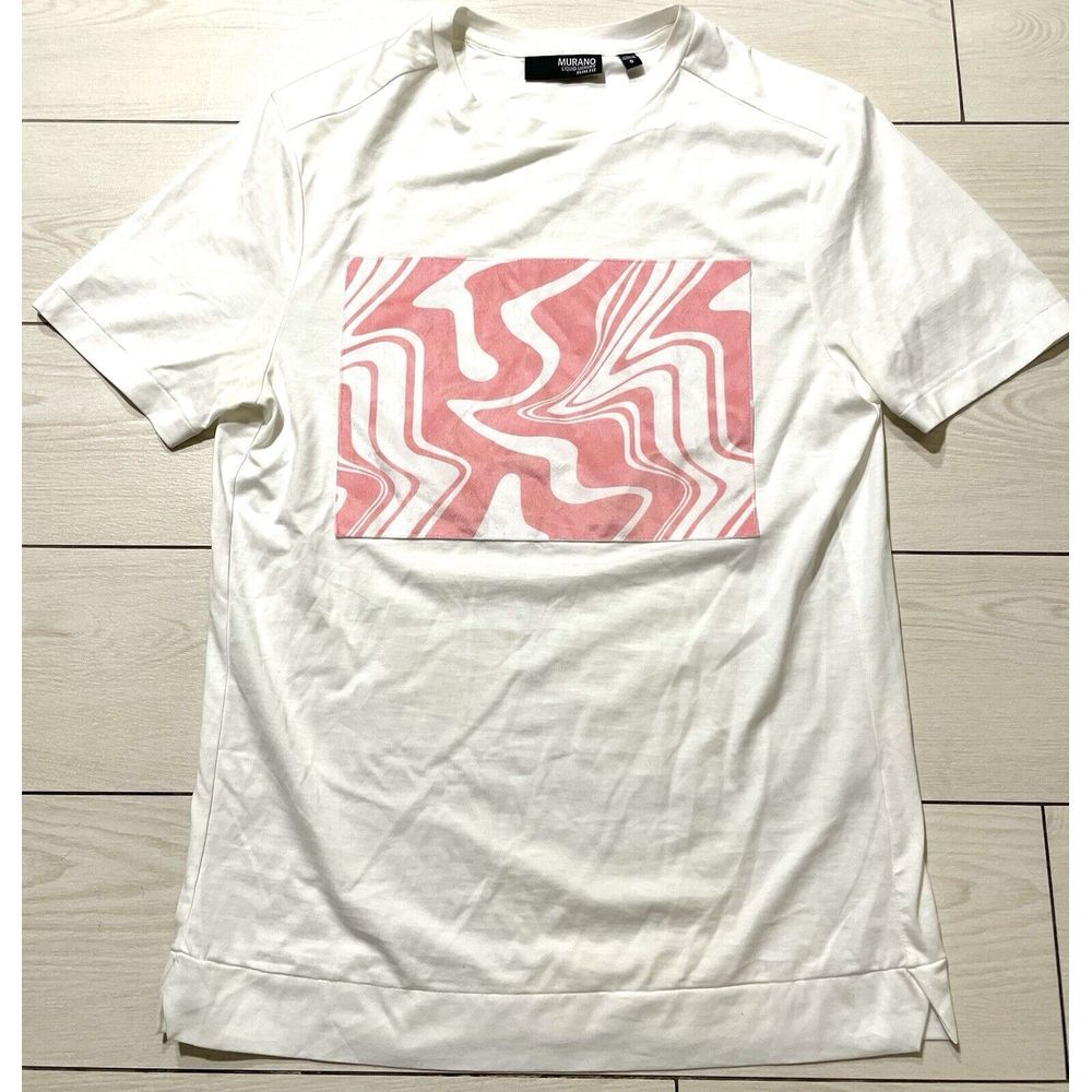 Murano mens white short sleeve shirt with pink velvet swirl block size small